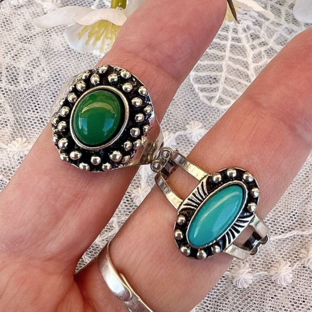 2 Fashion Stretch Rings - Faux Turquoise & Malachite